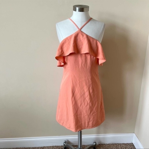 By the way. Ruffle Halter Adjustable Straps Mini Dress Size S Coral 14560 - Picture 2 of 8